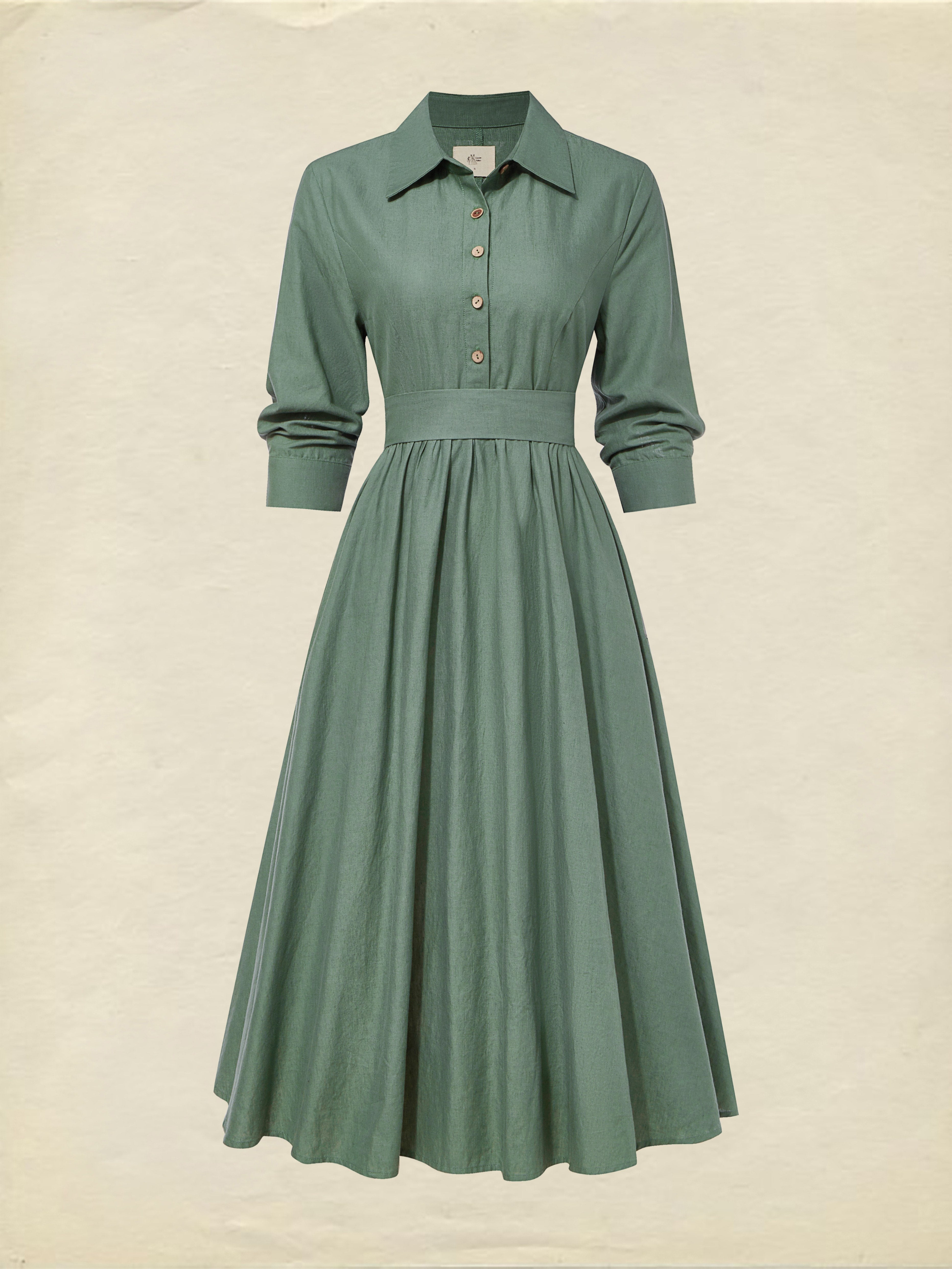 Midi Linen Dress, Half Sleeve,  Linen Blend, Plain, Renaissance, Green