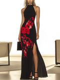 Stylish Black Chiffon Dress with Side Slit and Red Floral Print