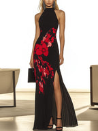 Stylish Black Chiffon Dress with Side Slit and Red Floral Print