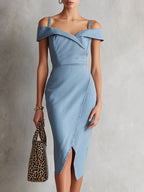 Fashionable Retro Sleeveless Off-shoulder Slit Light Blue Denim Midi Dress