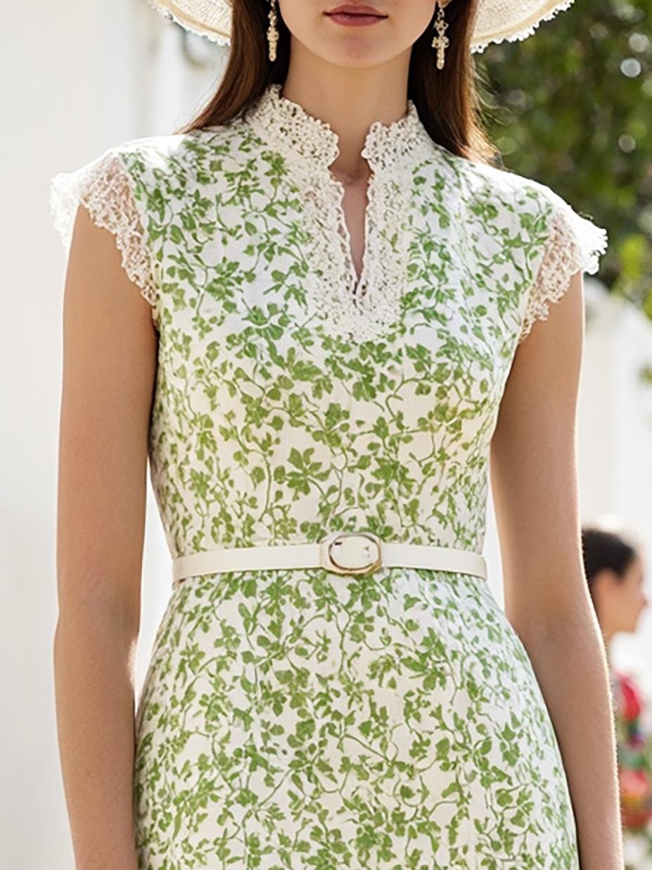 Midi Linen Dress , Cap Sleeves, V Neck, Floral, Lace, French Vintage, Green