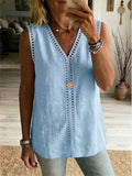 Casual Sleeveless Linen & Cotton Top With Cutout Webbing And Patchwork Detail