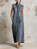 Sleeveless Stand Collar Denim Maxi Dress With Patch Pockets
