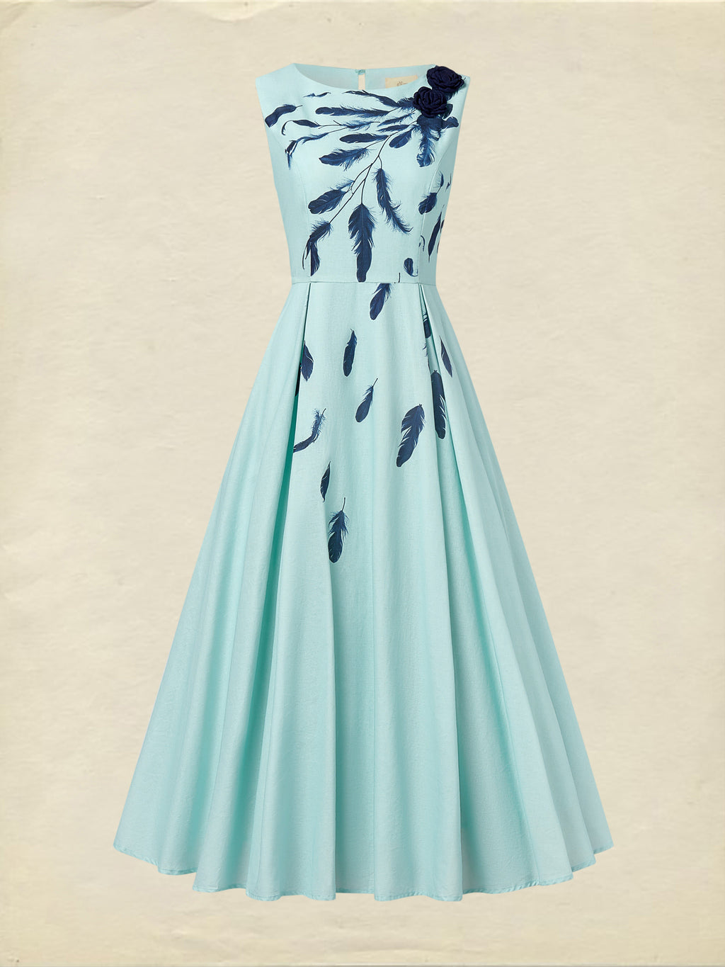 Maxi Linen Dress , Sleeveless, Round Neck, Feather Pattern, Pocket Design, Vintage, Sky Blue