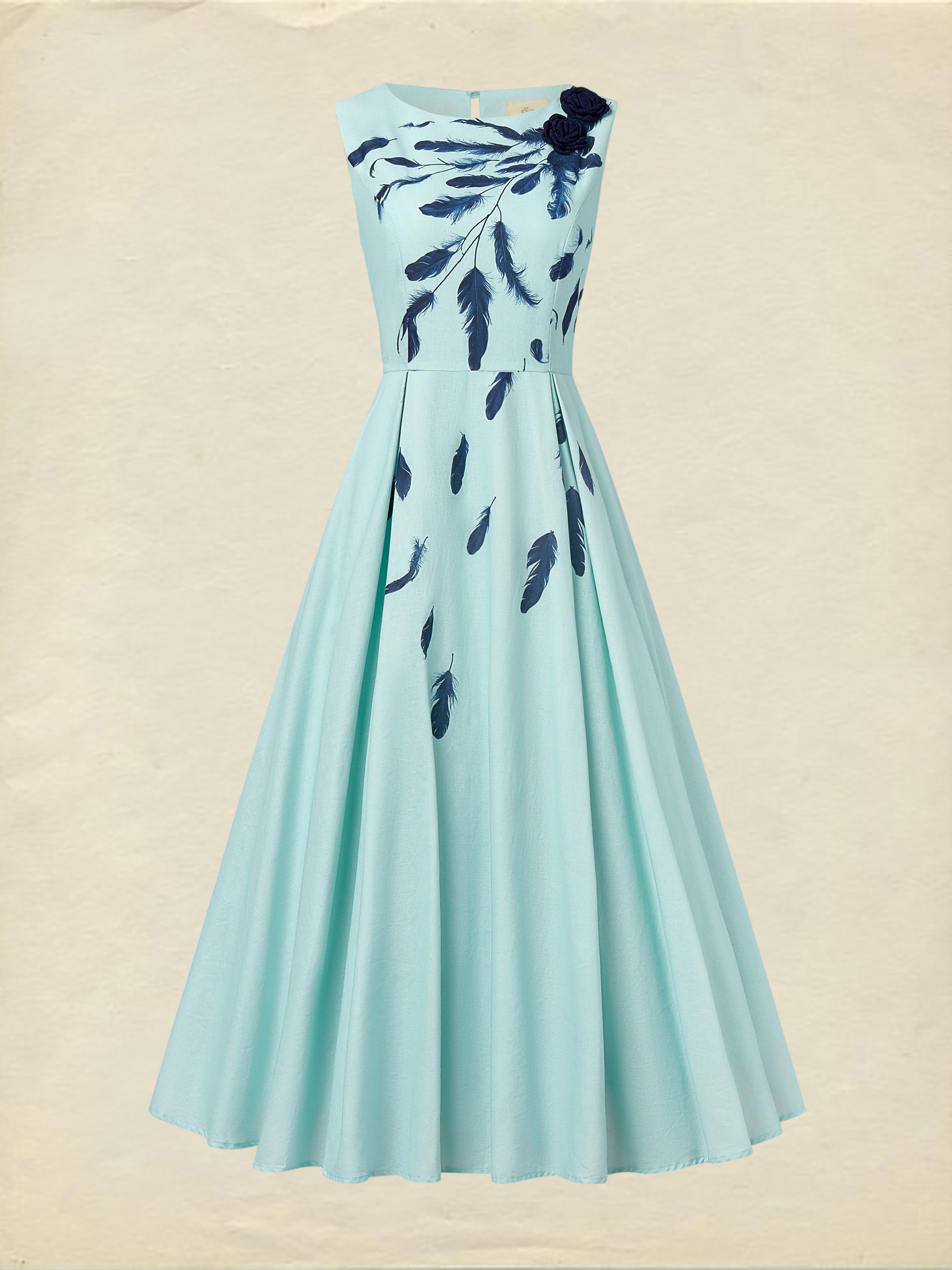 Maxi Linen Dress , Sleeveless, Round Neck, Feather Pattern, Pocket Design, Vintage, Sky Blue