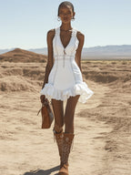 [24-hour shipping out]Stylish Casual White Denim Zipper Ruffle Trim Mini Dress