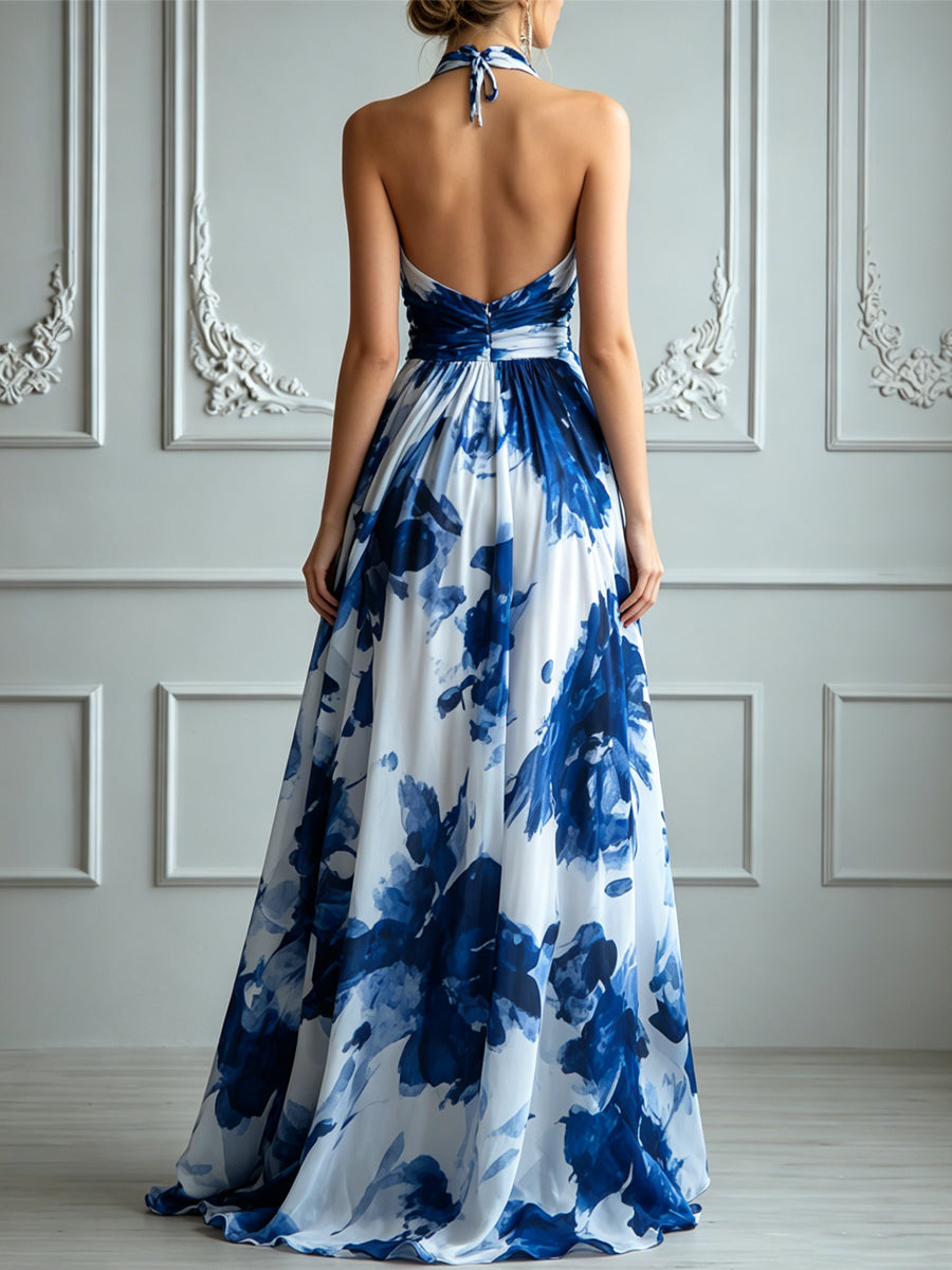 Elegant Blue And White Ink-Style Flowy Chiffon Dress