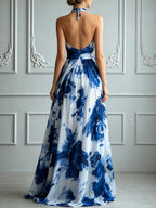 Elegant Blue And White Ink-Style Flowy Chiffon Dress