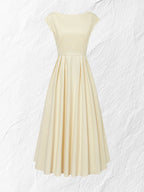 Linen Midi Dress, Cap Sleeve, Boat Neck, Plain, Vintage, Off White
