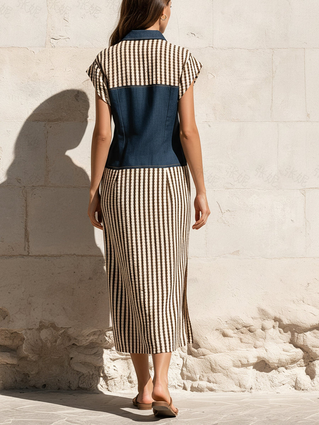 Denim & Stripe Color-Block Shirt Dress | Button-Front Midi Dress