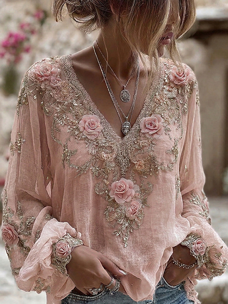 Women's Vintage Pink Rose Embroidered Art V-neck Long Sleeve Blouse