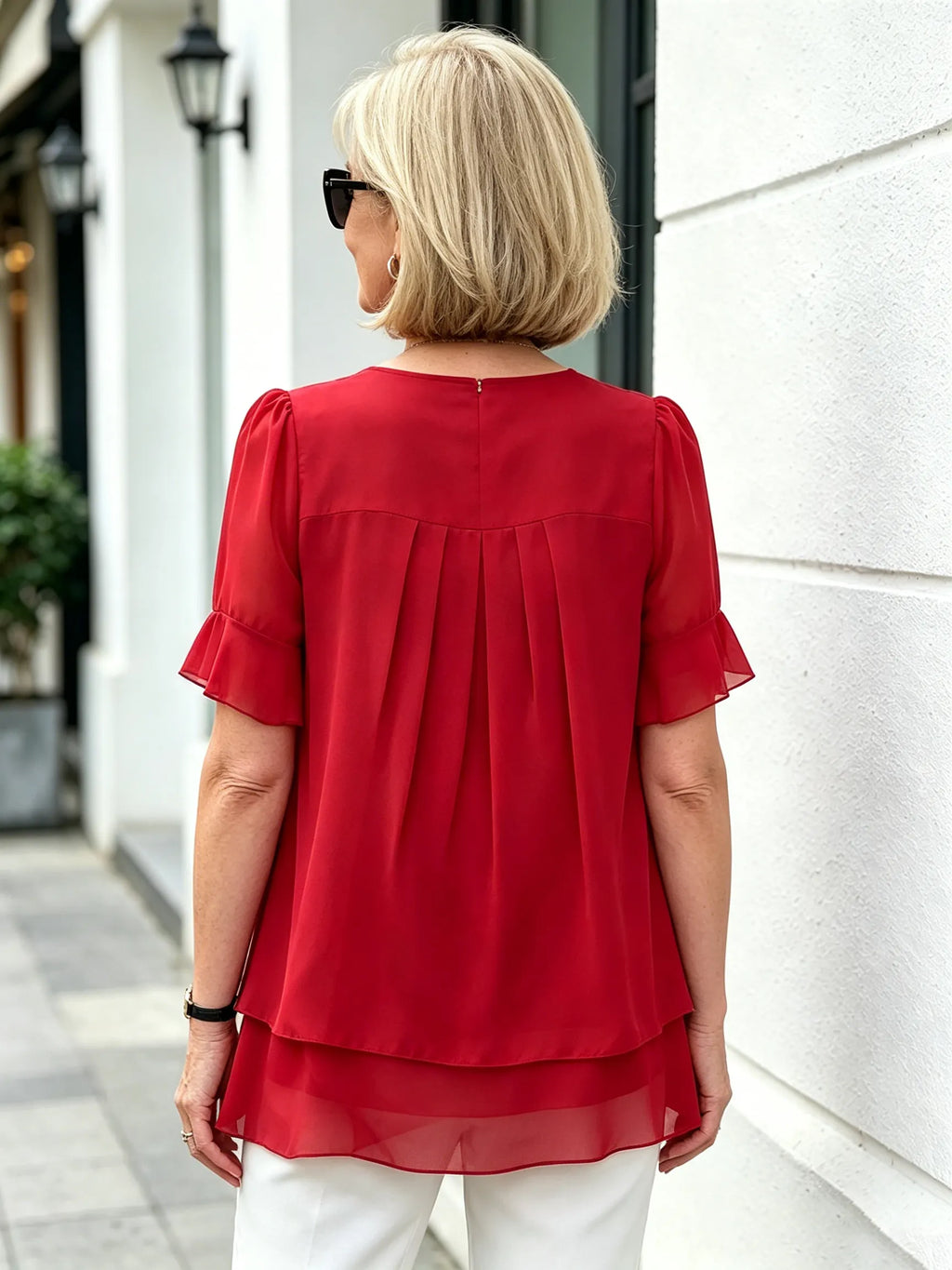 Pink Layered Chiffon Tunic Top, Round Neck Ruffle Short Sleeve Loose Tummy Concealing Blouse for Mature Women