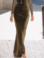 Olive Velvet Gown With Sheer Sleeves