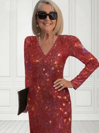 Temperament Elegant Daily New V-neck Long-sleeved Solid Color Sparkling Sequined Skirt