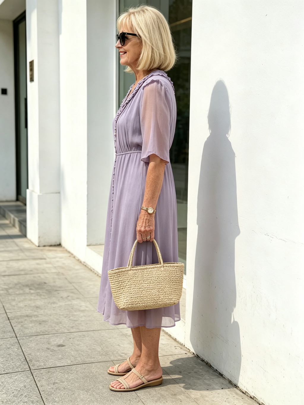 Lavender Ruffle V-Neck Chiffon Midi Dress, Elastic Waist Half Flutter Sleeve Button Detail Slimming Casual Dress for Mature Women