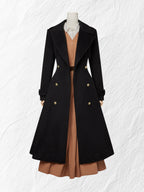 Wool Trench Coat, Long Sleeves, Lapel Collar, Plain, Button Design, Vintage, Black