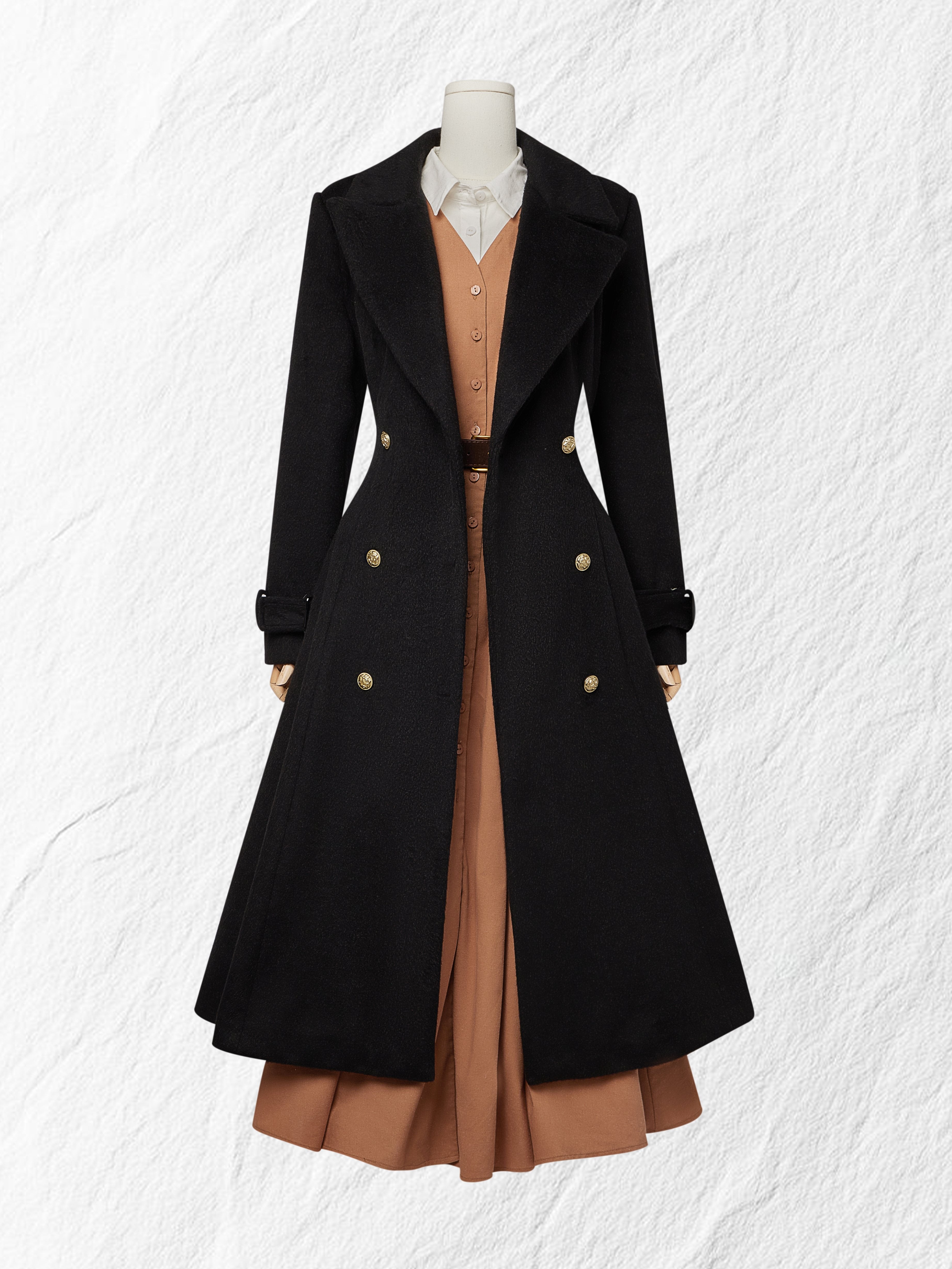 Maxi Linen Dress Set & Shirt, Long Sleeves, Shawl Collar, Plain, Button Design, French Vintage, Light Brown