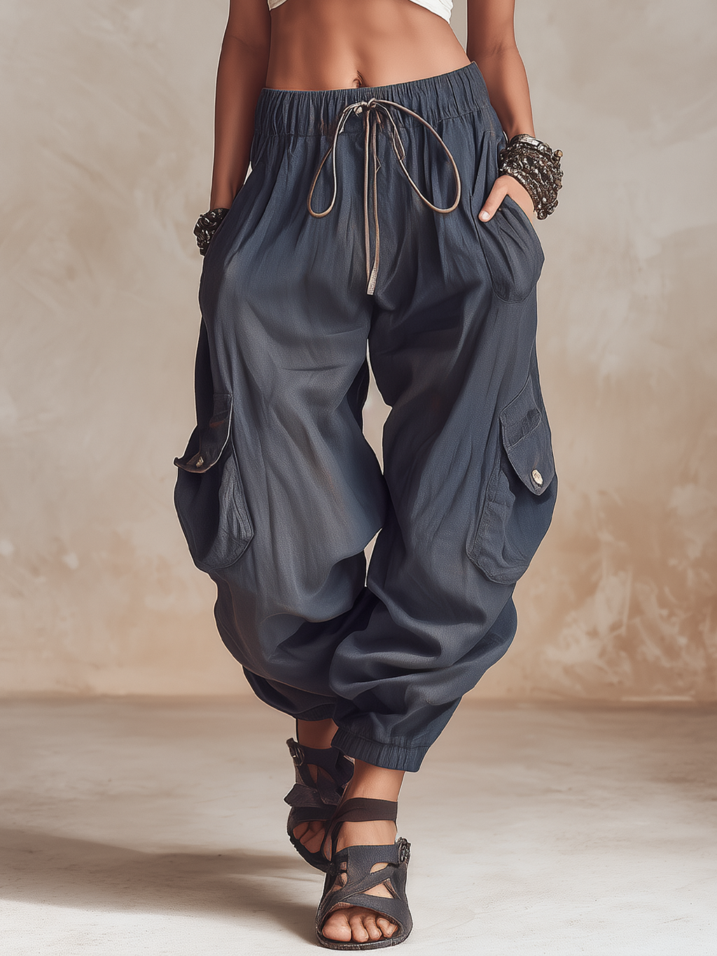 Lightweight Cargo Harem Pants With Drawstring Waist