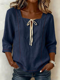 Women's Square-neck 3/4-sleeve Loose-fit Cotton-linen Top