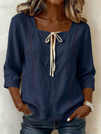 Women's Square-neck 3/4-sleeve Loose-fit Cotton-linen Top