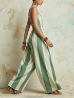 Green & Cream Stripe Deep V-Neck Wide-Leg Jumpsuit