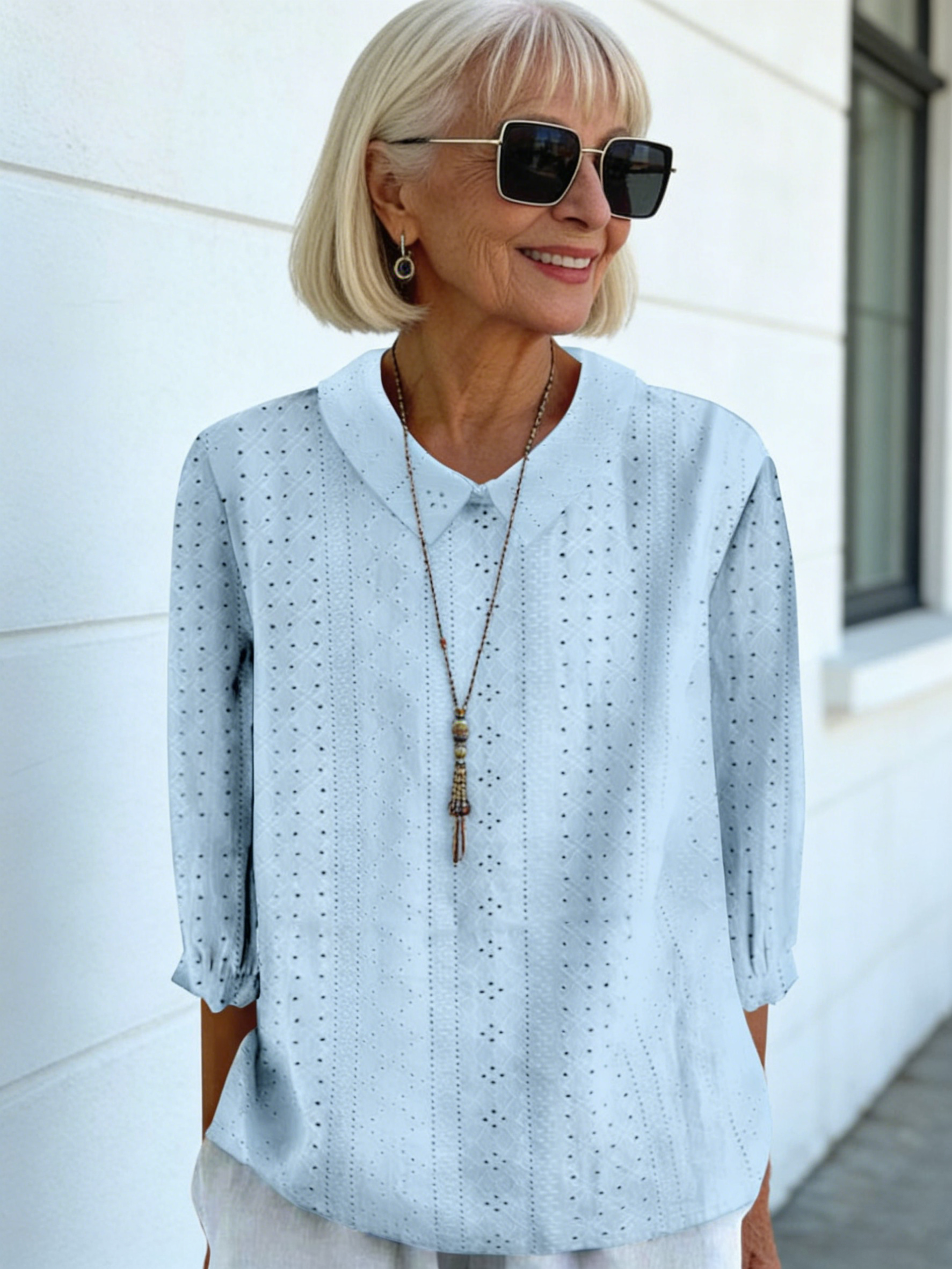 Lapel Solid Color Loose Seven-quarter Sleeve Top Women