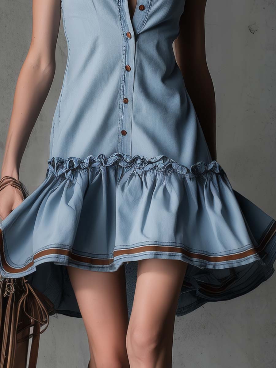 Vintage Western Elegance Lapel Front Buttons And Ruffled Hem Light Blue Denim Mini Dress