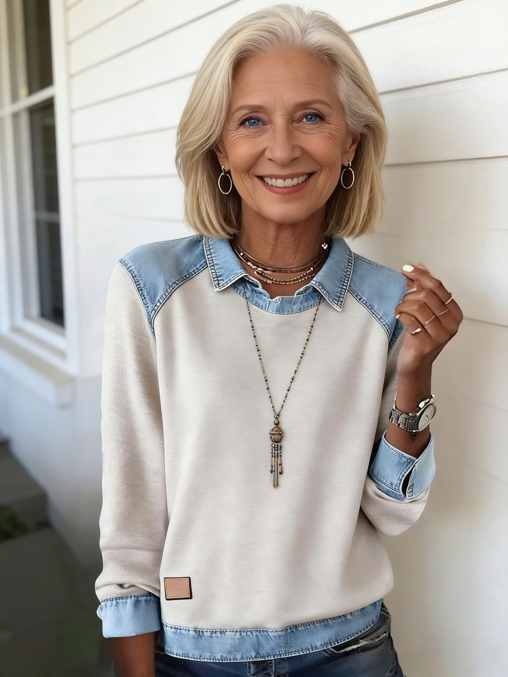 Denim Collar Long Sleeves, Pullover Stitched Knitted Sweater Top