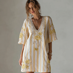 Butterfly Flower Embroidery Patchwork Striped Design Women's Summer Linen Dress