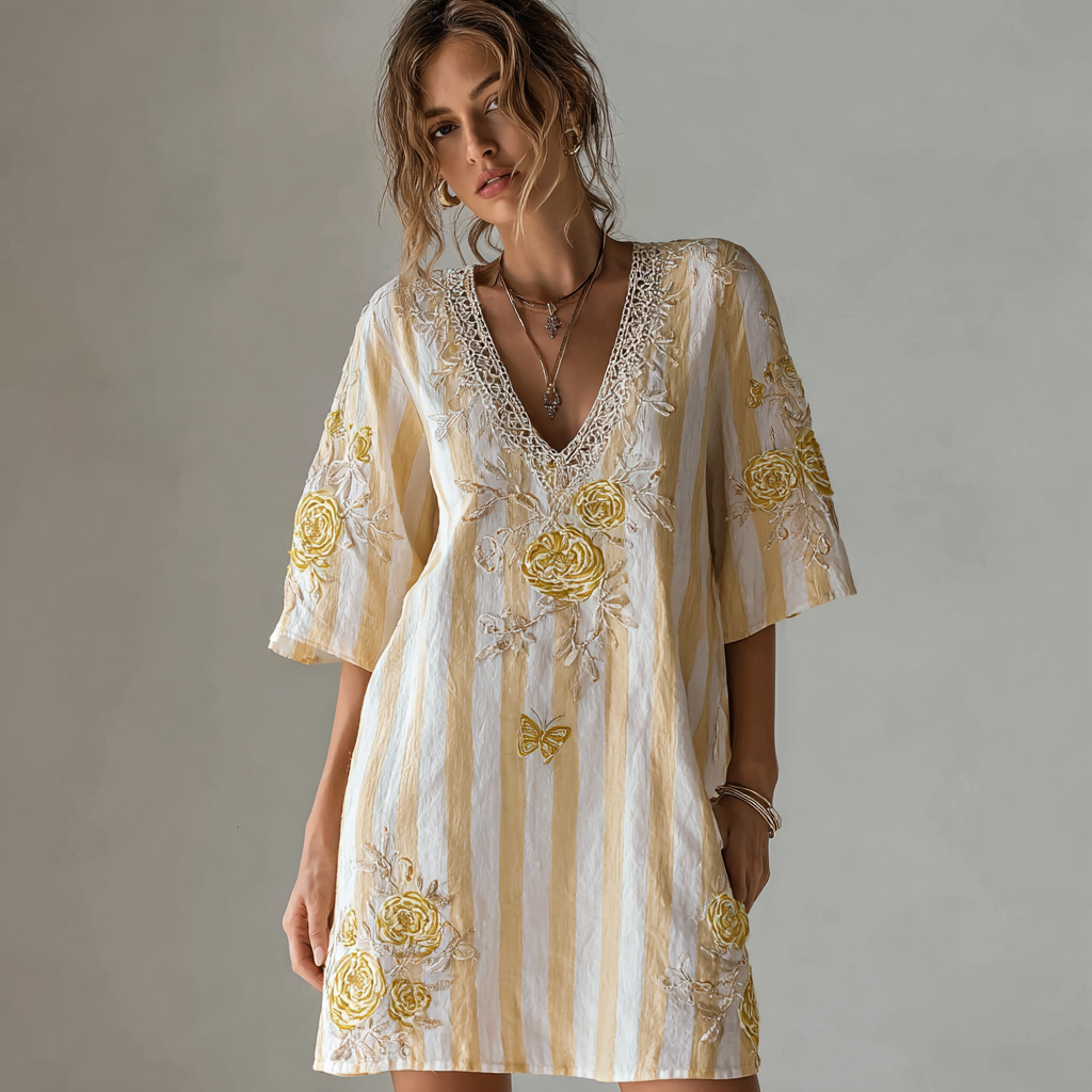 Butterfly Flower Embroidery Patchwork Striped Design Women's Summer Linen Dress
