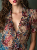 Vintage Sheer Floral Ruffle Puff Sleeve Blouse
