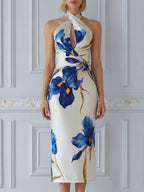 Cross Halter Keyhole Neck Floral Print Fitted Midi Dress