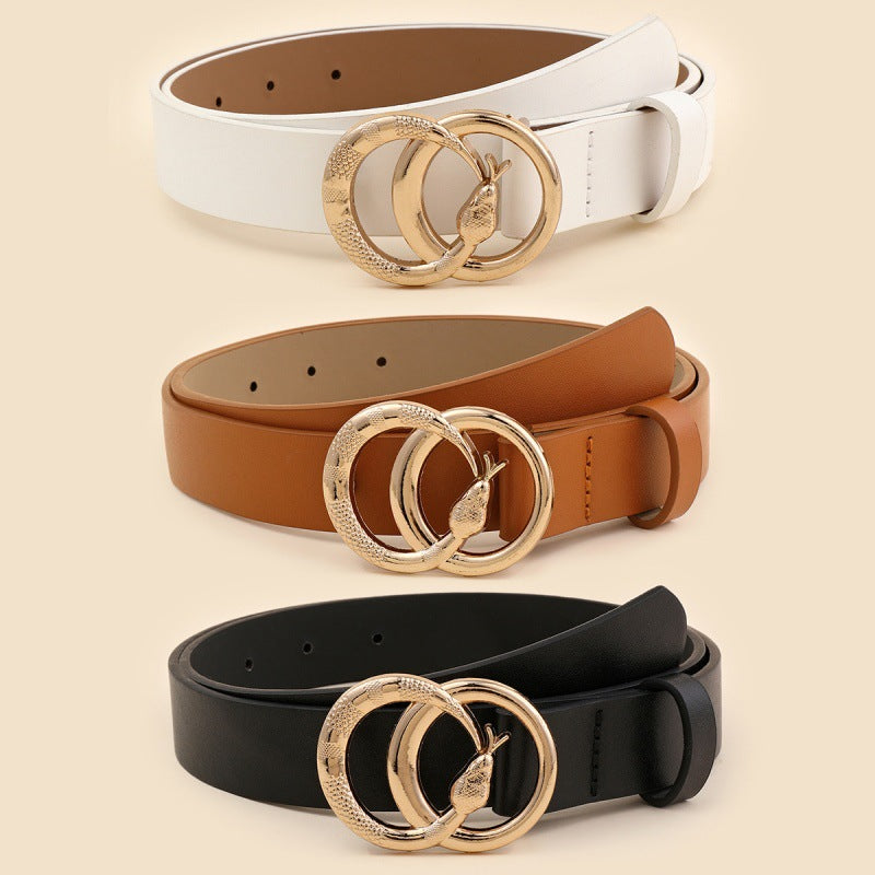 Snake Double Circle Buckle Belt, Elegant Fashion and High-end Dress, Jeans Decorative Belt.