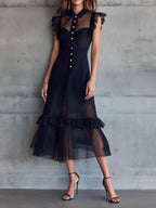 Elegant Sheer Black Chiffon Ruffle-Trim Midi Dress