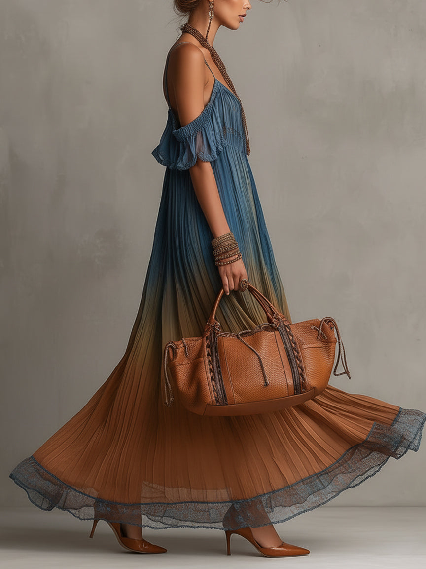 Blue Gradient Chiffon Maxi Dress With Lace Trim