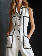 Casual Retro Lace-trimmed White Cotton And Linen Sleeveless Wide-leg Jumpsuit