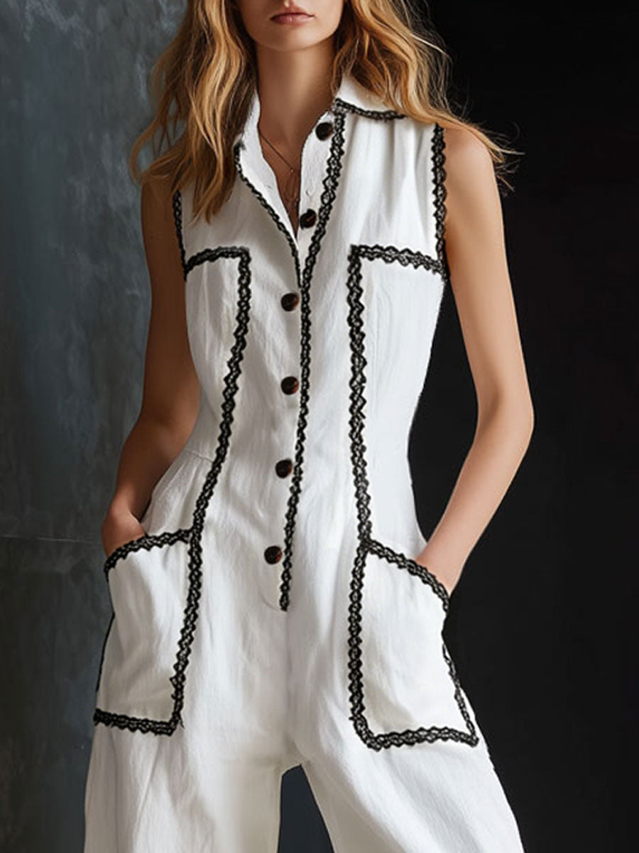 Casual Retro Lace-trimmed White Cotton And Linen Sleeveless Wide-leg Jumpsuit
