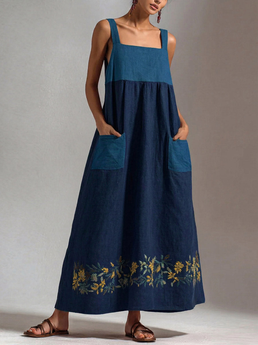 Women's Casual Loose-fit Sleeveless Cotton-linen Dress With Square Neck And Contrast Trim