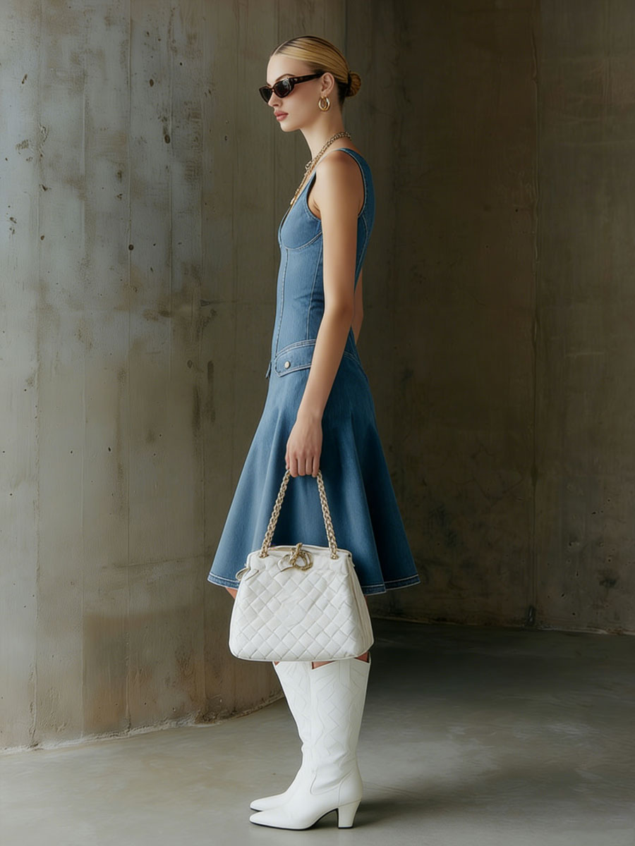 Fashionable Retro Blue Denim V-neck Sleeveless A-line Midi Dress