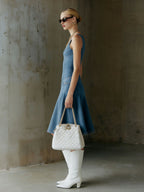 Fashionable Retro Blue Denim V-neck Sleeveless A-line Midi Dress
