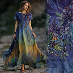 Women's Vintage Lavender Embroidered Sequin Gradient Flowing Linen Maxi Dress