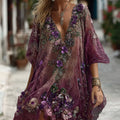 Women's Pansy Embroidered Sequined Short Sleeve Midi Dress