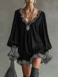 Women's Vintage Black Dress With Ruffled Trim