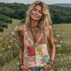 Vintage Floral Patch Art Linen Tank Top