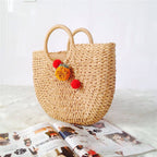 Straw Bag Versatile Women's Bag Casual Round Bucket Woven Straw Bag Vacation Beach Bag
