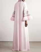 Feather-trimmed crystal-embellished crepe turtleneck gown