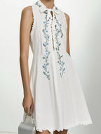 White Sleeveless Linen Dress with Embroidered Front
