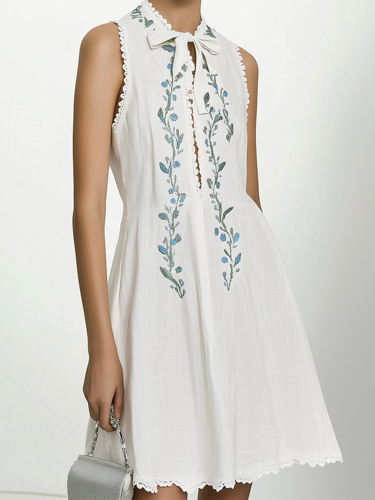 White Sleeveless Linen Dress with Embroidered Front