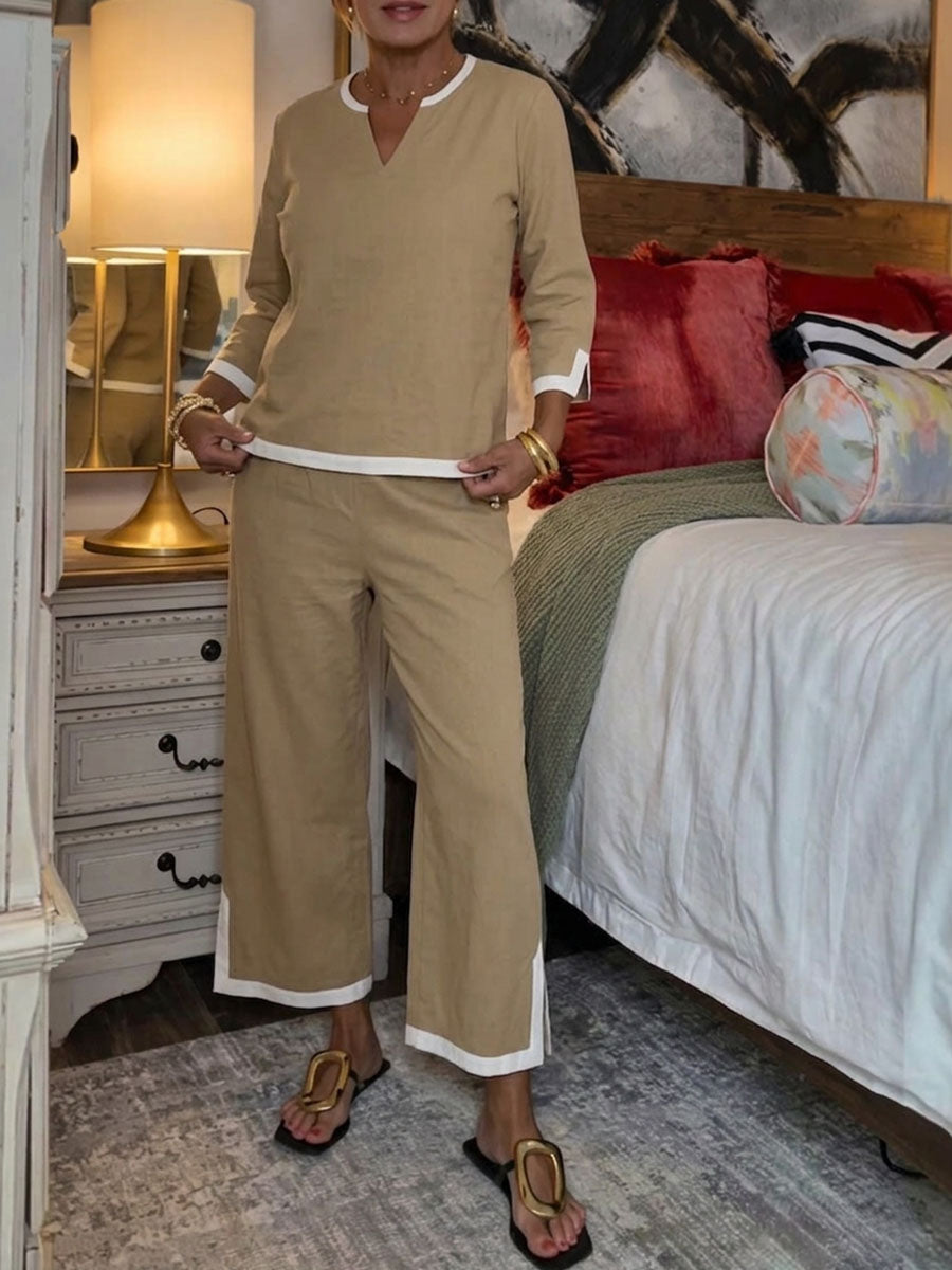 Women's Casual Cotton Set: Loose-fit V-neck 3/4-sleeve Top & High-waisted Wide-leg Pants