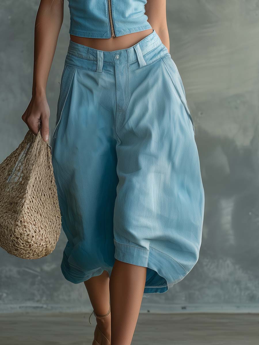 Personality Retro Western Vacation Light Blue Denim Zip-Up Top And Bermuda Shorts Set